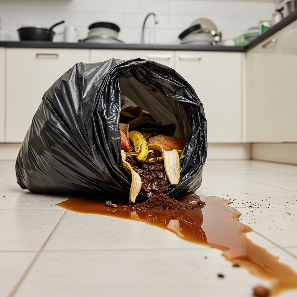 протекание мусорного пакета на кухне, грязная жидкость на полу