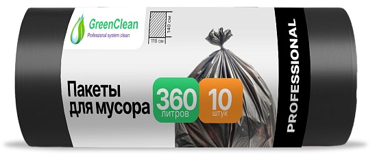 Мешки для мусора 360 литров, 40 мкм, в рулоне 10 штук, ПВД, черные, 2 слоя, 110x140 см, GreenClean - Вид 1